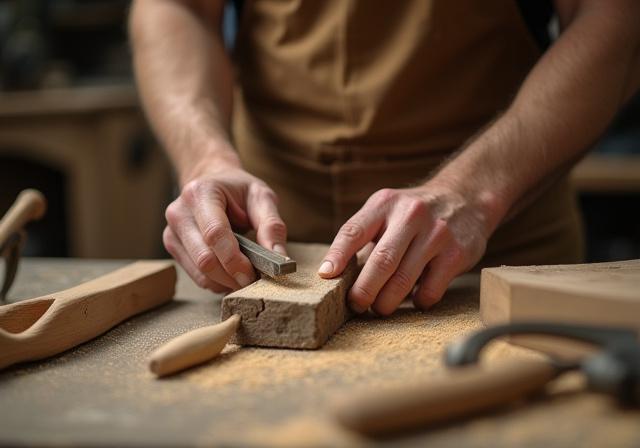 Artigiano qualificato che lavora un pezzo di legno pregiato, raffigurante la fase di creazione artigianale di Marinus Design.