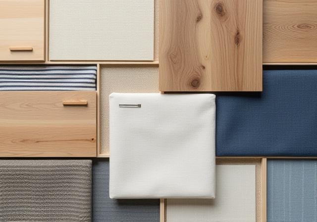 Vari campioni di legno e tessuti nautici disposti su un tavolo, illustrando la vasta scelta di materiali offerta da Marinus Design per la personalizzazione.