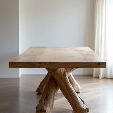 Elegante tavolo in legno spiaggiato con venature naturali, parte della collezione Mobili Costieri di Marinus Design.
